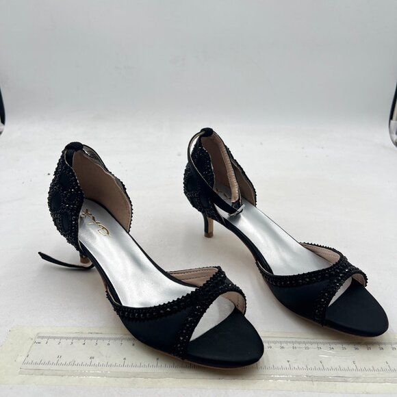 XYD Black Open Toe Rhinestones Ankle Strap Sandals Low Heel Bridal Evening Shoes - Picture 4 of 9